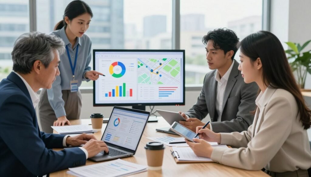 A professional office scene depicting a team of diverse business individuals collaborating on optimizing Google Maps visibility strategies. In the foreground, a middle-aged man in a smart suit reviews analytics on a laptop, while a young woman in professional attire takes notes on a tablet. In the middle, a digital screen displays vibrant graphs and maps, surrounded by documents and coffee cups, suggesting a busy strategic meeting. The background shows a large window with a cityscape view, illuminated by soft, natural sunlight, creating a bright and focused atmosphere. The overall mood conveys collaboration, professionalism, and innovation in local SEO practices. The image should be vibrant and engaging, without any text or overlays. A professional office scene depicting a team of diverse business individuals collaborating on optimizing Google Maps visibility strategies. In the foreground, a middle-aged man in a smart suit reviews analytics on a laptop, while a young woman in professional attire takes notes on a tablet. In the middle, a digital screen displays vibrant graphs and maps, surrounded by documents and coffee cups, suggesting a busy strategic meeting. The background shows a large window with a cityscape view, illuminated by soft, natural sunlight, creating a bright and focused atmosphere. The overall mood conveys collaboration, professionalism, and innovation in local SEO practices. The image should be vibrant and engaging, without any text or overlays.