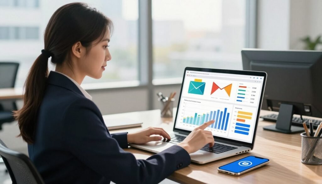 A professional office setting focused on email performance metrics. In the foreground, a confident businesswoman in professional attire is analyzing a digital screen displaying vibrant graphs and charts related to email deliverability and compliance statistics. In the middle ground, a sleek laptop and smartphone are present, illustrating modern marketing tools. The background features a bright, airy office with large windows allowing natural light to flood in, creating an optimistic and productive atmosphere. Soft shadows enhance the image’s depth, with warm lighting reflecting a sense of achievement. The overall mood is serious yet inspiring, embodying the balance between robust performance metrics and strict compliance policies. A professional office setting focused on email performance metrics. In the foreground, a confident businesswoman in professional attire is analyzing a digital screen displaying vibrant graphs and charts related to email deliverability and compliance statistics. In the middle ground, a sleek laptop and smartphone are present, illustrating modern marketing tools. The background features a bright, airy office with large windows allowing natural light to flood in, creating an optimistic and productive atmosphere. Soft shadows enhance the image’s depth, with warm lighting reflecting a sense of achievement. The overall mood is serious yet inspiring, embodying the balance between robust performance metrics and strict compliance policies.