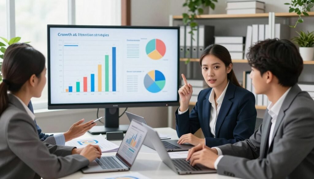 A professional office setting illustrating client growth and retention strategies. In the foreground, a diverse group of three business professionals, two women and one man, engaged in a dynamic discussion around a table with laptops and charts. They are dressed in smart business attire, with expressions of collaboration and focus. In the middle, a large screen displays colorful graphs and infographics showcasing customer engagement metrics. The background features shelves filled with books and plants, contributing to a vibrant yet professional atmosphere. Soft, natural lighting filtering through a window creates a warm and inviting feel. Capture the image from a slightly elevated angle for a comprehensive view, emphasizing teamwork and innovation in a modern workspace. A professional office setting illustrating client growth and retention strategies. In the foreground, a diverse group of three business professionals, two women and one man, engaged in a dynamic discussion around a table with laptops and charts. They are dressed in smart business attire, with expressions of collaboration and focus. In the middle, a large screen displays colorful graphs and infographics showcasing customer engagement metrics. The background features shelves filled with books and plants, contributing to a vibrant yet professional atmosphere. Soft, natural lighting filtering through a window creates a warm and inviting feel. Capture the image from a slightly elevated angle for a comprehensive view, emphasizing teamwork and innovation in a modern workspace.
