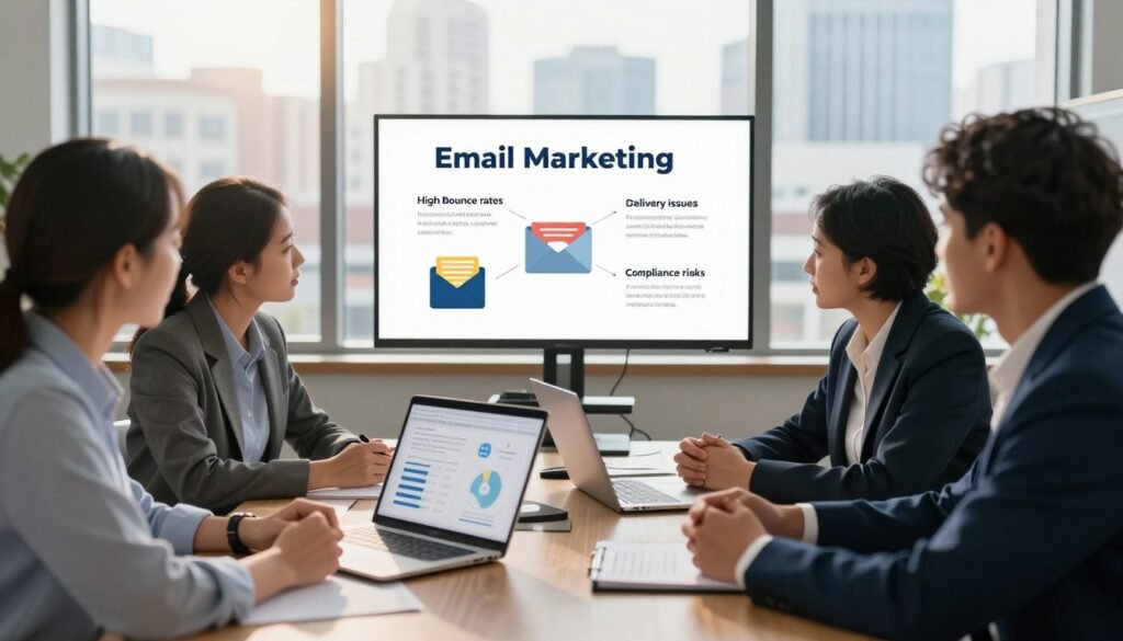 A professional office setting illustrating the disadvantages of email marketing, with a focus on Aweber’s cautionary points. In the foreground, a diverse group of business professionals in smart casual attire, engaged in a constructive discussion around a conference table filled with charts and data on a laptop screen. In the middle ground, an infographic displayed on a digital screen highlighting key drawbacks such as high bounce rates, delivery issues, and compliance risks. The background features a large window showcasing an urban skyline, with warm, natural light pouring in, creating a focused and contemplative atmosphere. The angle is a slightly elevated view to capture the teamwork and engagement among the professionals as they assess the challenges of email marketing. A professional office setting illustrating the disadvantages of email marketing, with a focus on Aweber’s cautionary points. In the foreground, a diverse group of business professionals in smart casual attire, engaged in a constructive discussion around a conference table filled with charts and data on a laptop screen. In the middle ground, an infographic displayed on a digital screen highlighting key drawbacks such as high bounce rates, delivery issues, and compliance risks. The background features a large window showcasing an urban skyline, with warm, natural light pouring in, creating a focused and contemplative atmosphere. The angle is a slightly elevated view to capture the teamwork and engagement among the professionals as they assess the challenges of email marketing.
