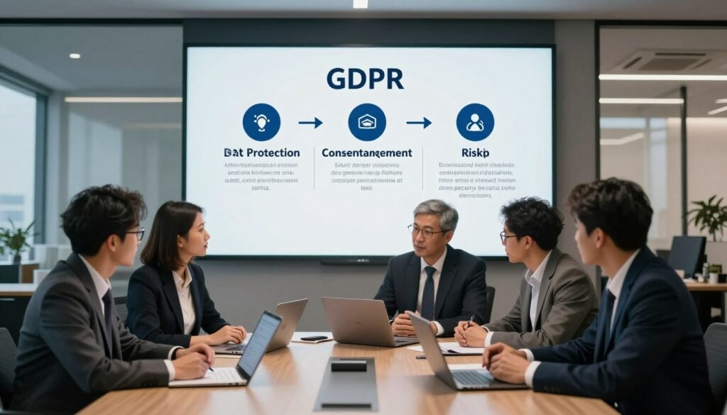 A professional office setting illustrating the strategic steps for GDPR implementation. In the foreground, a diverse group of four business professionals in formal attire discuss around a large conference table, reviewing documents and digital devices. In the middle ground, a large board displaying key steps of GDPR compliance, including icons for data protection, consent management, and risk assessment. The background features a sleek, modern office with large windows letting in soft, ambient light, and a cityscape view. The atmosphere is focused and collaborative, conveying a sense of urgency and professionalism. The image uses a slight overhead angle to capture the discussion and the board, with warm lighting to create an inviting environment. A professional office setting illustrating the strategic steps for GDPR implementation. In the foreground, a diverse group of four business professionals in formal attire discuss around a large conference table, reviewing documents and digital devices. In the middle ground, a large board displaying key steps of GDPR compliance, including icons for data protection, consent management, and risk assessment. The background features a sleek, modern office with large windows letting in soft, ambient light, and a cityscape view. The atmosphere is focused and collaborative, conveying a sense of urgency and professionalism. The image uses a slight overhead angle to capture the discussion and the board, with warm lighting to create an inviting environment.