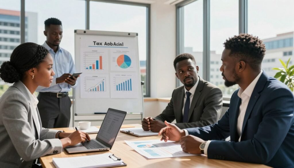 A professional office setting in Abidjan, Côte d'Ivoire, featuring a diverse group of business people engaged in a discussion about tax advice for companies. In the foreground, a well-dressed African woman with a laptop open, taking notes, while an African man in a suit gestures towards a financial report laying on the table. In the middle ground, a whiteboard filled with tax diagrams and charts, illuminated by natural sunlight streaming through large windows. The background shows a vibrant cityscape through the glass, symbolizing a proactive business environment. The mood is serious yet collaborative, showcasing the importance of sound financial advice in a modern business landscape, captured with a wide-angle lens to create an inviting atmosphere. A professional office setting in Abidjan, Côte d'Ivoire, featuring a diverse group of business people engaged in a discussion about tax advice for companies. In the foreground, a well-dressed African woman with a laptop open, taking notes, while an African man in a suit gestures towards a financial report laying on the table. In the middle ground, a whiteboard filled with tax diagrams and charts, illuminated by natural sunlight streaming through large windows. The background shows a vibrant cityscape through the glass, symbolizing a proactive business environment. The mood is serious yet collaborative, showcasing the importance of sound financial advice in a modern business landscape, captured with a wide-angle lens to create an inviting atmosphere.