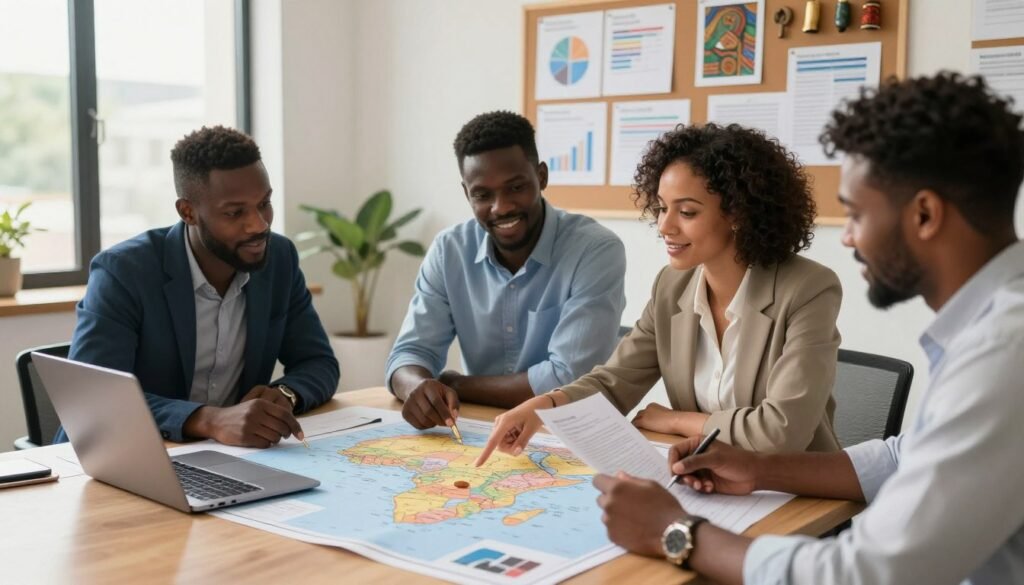 A professional office setting in Africa, showcasing a diverse group of business people engaged in a meeting. In the foreground, a well-dressed African entrepreneur with a laptop open, reviewing documents. In the middle, two colleagues, one male and one female, are discussing and pointing at a large map of Africa laid out on the table, filled with notes and images of various African cities. In the background, a wall with a corkboard displaying charts, business plans, and cultural artifacts, hinting at the entrepreneurial journey. Soft, natural lighting streams in through large windows, creating an inspiring and collaborative atmosphere. The lens captures the scene from a slightly elevated angle, emphasizing teamwork and the vibrant spirit of starting a business in Africa. The mood is optimistic and professional. A professional office setting in Africa, showcasing a diverse group of business people engaged in a meeting. In the foreground, a well-dressed African entrepreneur with a laptop open, reviewing documents. In the middle, two colleagues, one male and one female, are discussing and pointing at a large map of Africa laid out on the table, filled with notes and images of various African cities. In the background, a wall with a corkboard displaying charts, business plans, and cultural artifacts, hinting at the entrepreneurial journey. Soft, natural lighting streams in through large windows, creating an inspiring and collaborative atmosphere. The lens captures the scene from a slightly elevated angle, emphasizing teamwork and the vibrant spirit of starting a business in Africa. The mood is optimistic and professional.