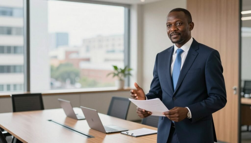 A professional portrait of Peter Ndegwa standing confidently in a modern corporate office. He is a Black man in his forties, wearing a sharp, tailored navy suit with a light blue tie, exuding professionalism and leadership. The foreground features him engaged in a lively discussion, gesturing with one hand while holding a document in the other. The middle section of the image shows a sleek conference table adorned with laptops and notepads, symbolizing a dynamic work environment. The background includes large windows letting in warm, natural light, revealing a bustling cityscape outside. The overall mood is one of ambition and success, reflecting his career achievements in a contemporary business setting. A professional portrait of Peter Ndegwa standing confidently in a modern corporate office. He is a Black man in his forties, wearing a sharp, tailored navy suit with a light blue tie, exuding professionalism and leadership. The foreground features him engaged in a lively discussion, gesturing with one hand while holding a document in the other. The middle section of the image shows a sleek conference table adorned with laptops and notepads, symbolizing a dynamic work environment. The background includes large windows letting in warm, natural light, revealing a bustling cityscape outside. The overall mood is one of ambition and success, reflecting his career achievements in a contemporary business setting.