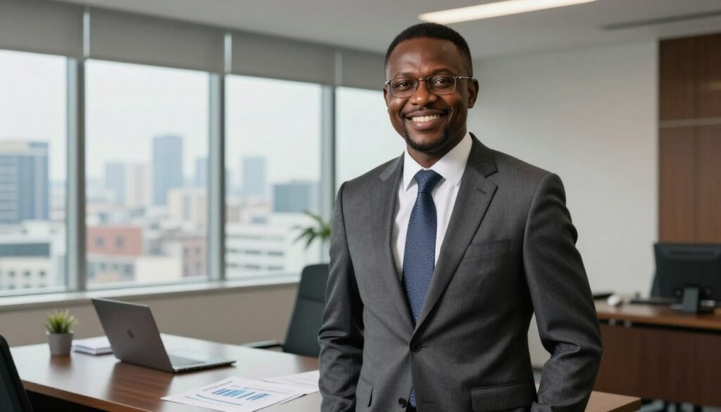 A professional portrait of Segun Agbaje, the CEO of Guaranty Trust Bank Nigeria, standing confidently in a modern office environment. In the foreground, a well-dressed Black man in a tailored suit and tie, exuding a charismatic and authoritative presence. His smile conveys warmth and approachability. In the middle ground, a sleek office desk with a laptop and financial reports, symbolizing his leadership in the banking sector. The background features large windows with a city skyline view, suggesting a bustling urban atmosphere. The lighting is soft and natural, illuminating the subject's face, creating an inviting and inspiring mood. The angle is slightly low, emphasizing his stature and success. A professional portrait of Segun Agbaje, the CEO of Guaranty Trust Bank Nigeria, standing confidently in a modern office environment. In the foreground, a well-dressed Black man in a tailored suit and tie, exuding a charismatic and authoritative presence. His smile conveys warmth and approachability. In the middle ground, a sleek office desk with a laptop and financial reports, symbolizing his leadership in the banking sector. The background features large windows with a city skyline view, suggesting a bustling urban atmosphere. The lighting is soft and natural, illuminating the subject's face, creating an inviting and inspiring mood. The angle is slightly low, emphasizing his stature and success.