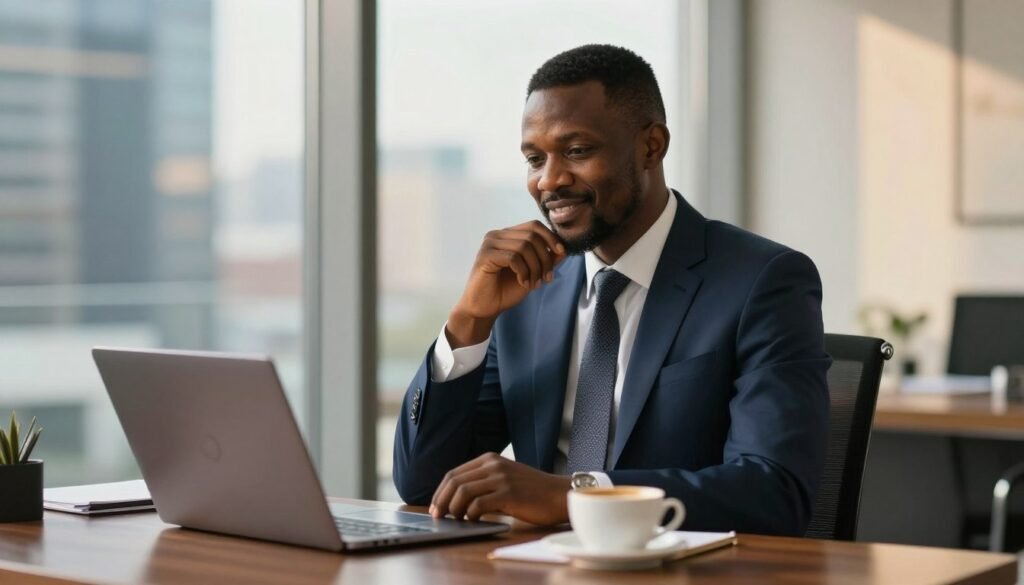 A professional portrait of Sim Shagaya, a distinguished Nigerian entrepreneur, seated at a sleek modern desk. He is dressed in a tailored navy suit, with a crisp white shirt and a subtle patterned tie. The foreground features a polished wooden desk with a laptop, notepad, and a cup of coffee to symbolize a working environment. The middle ground showcases Sim engaging in thought, with a gentle smile, exuding confidence and approachability. The background features a softly blurred cityscape through large glass windows, bathed in warm, natural sunlight, creating an inspiring atmosphere. The lighting is soft and focused, highlighting his facial features, captured with a shallow depth of field to enhance intimacy. A professional portrait of Sim Shagaya, a distinguished Nigerian entrepreneur, seated at a sleek modern desk. He is dressed in a tailored navy suit, with a crisp white shirt and a subtle patterned tie. The foreground features a polished wooden desk with a laptop, notepad, and a cup of coffee to symbolize a working environment. The middle ground showcases Sim engaging in thought, with a gentle smile, exuding confidence and approachability. The background features a softly blurred cityscape through large glass windows, bathed in warm, natural sunlight, creating an inspiring atmosphere. The lighting is soft and focused, highlighting his facial features, captured with a shallow depth of field to enhance intimacy.
