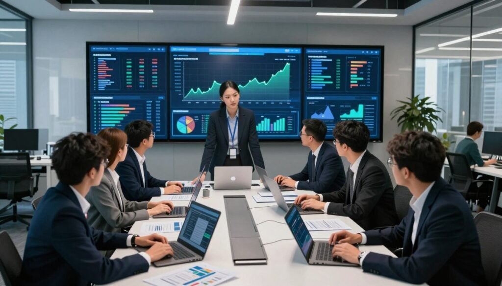 A professional reconnaissance analyst in the field of cybersecurity, focused on market analysis. In the foreground, a diverse group of analysts, dressed in business attire, gathers around a modern conference table cluttered with laptops, charts, and market reports. The middle ground features large digital screens displaying complex cybersecurity data, trends, and visualizations. Bright ambient lighting from overhead lights creates a focused and analytical atmosphere, while subtle blue and green tones evoke a sense of technology and innovation. In the background, minimalist office decor emphasizes a high-tech environment, with glass walls showcasing a bustling city skyline. Capture this scene from a slightly elevated angle to convey dynamism and teamwork, reflecting the importance of market positioning in cybersecurity solutions. A professional reconnaissance analyst in the field of cybersecurity, focused on market analysis. In the foreground, a diverse group of analysts, dressed in business attire, gathers around a modern conference table cluttered with laptops, charts, and market reports. The middle ground features large digital screens displaying complex cybersecurity data, trends, and visualizations. Bright ambient lighting from overhead lights creates a focused and analytical atmosphere, while subtle blue and green tones evoke a sense of technology and innovation. In the background, minimalist office decor emphasizes a high-tech environment, with glass walls showcasing a bustling city skyline. Capture this scene from a slightly elevated angle to convey dynamism and teamwork, reflecting the importance of market positioning in cybersecurity solutions.