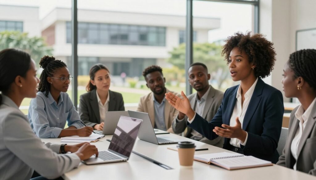 A professional setting at Lagos Business School, featuring a group of diverse adult students engaged in a dynamic discussion. In the foreground, a confident Black female student, dressed in formal business attire, is leading the conversation with passion and enthusiasm. The middle area showcases diverse students of various ethnicities and genders, collaborating around a sleek modern table adorned with notebooks and laptops. In the background, the architecturally striking Lagos Business School building is subtly visible through expansive windows, with greenery framing the scene. The lighting is bright and inviting, creating a warm atmosphere of motivation and ambition. The composition captures a moment of enlightenment and innovation, reflecting the spirit of education and leadership. A professional setting at Lagos Business School, featuring a group of diverse adult students engaged in a dynamic discussion. In the foreground, a confident Black female student, dressed in formal business attire, is leading the conversation with passion and enthusiasm. The middle area showcases diverse students of various ethnicities and genders, collaborating around a sleek modern table adorned with notebooks and laptops. In the background, the architecturally striking Lagos Business School building is subtly visible through expansive windows, with greenery framing the scene. The lighting is bright and inviting, creating a warm atmosphere of motivation and ambition. The composition captures a moment of enlightenment and innovation, reflecting the spirit of education and leadership.