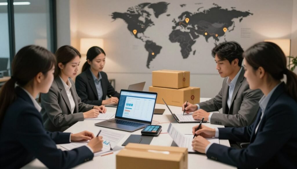 A professional setting illustrating e-commerce logistics and payment management. In the foreground, a diverse group of business professionals dressed in business attire collaborate around a sleek conference table, analyzing charts and documents related to delivery logistics. In the middle, an organized workspace featuring a modern laptop displaying e-commerce platforms, along with shipping boxes and payment transaction devices. In the background, a wall with a large world map dotted with location markers, indicating global shipping routes. Soft ambient lighting casts a warm and focused atmosphere, emphasizing teamwork and strategic planning. The angle is slightly elevated to showcase both the group and the workspace in a modern office environment. A professional setting illustrating e-commerce logistics and payment management. In the foreground, a diverse group of business professionals dressed in business attire collaborate around a sleek conference table, analyzing charts and documents related to delivery logistics. In the middle, an organized workspace featuring a modern laptop displaying e-commerce platforms, along with shipping boxes and payment transaction devices. In the background, a wall with a large world map dotted with location markers, indicating global shipping routes. Soft ambient lighting casts a warm and focused atmosphere, emphasizing teamwork and strategic planning. The angle is slightly elevated to showcase both the group and the workspace in a modern office environment.