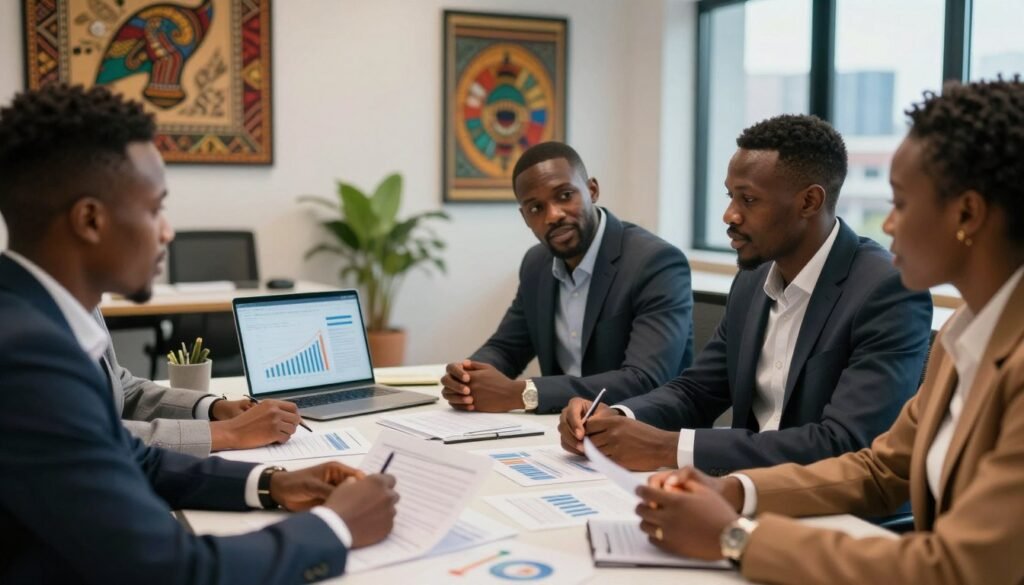 A professional setting in an African context, highlighting opportunities for non-repayable grants and funds. The foreground features a diverse group of business professionals in smart attire, discussing financial opportunities around a table filled with charts and documents. In the middle ground, display elements that symbolize economic growth, such as a potted plant and a laptop displaying financial graphs. The background should include a modern office environment with African artwork and a window showing a cityscape, enhancing the sense of optimism and progress. Soft, warm lighting accentuates the scene, creating an atmosphere of collaboration and innovation, captured with a slight depth of field to focus on the foreground interactions. A professional setting in an African context, highlighting opportunities for non-repayable grants and funds. The foreground features a diverse group of business professionals in smart attire, discussing financial opportunities around a table filled with charts and documents. In the middle ground, display elements that symbolize economic growth, such as a potted plant and a laptop displaying financial graphs. The background should include a modern office environment with African artwork and a window showing a cityscape, enhancing the sense of optimism and progress. Soft, warm lighting accentuates the scene, creating an atmosphere of collaboration and innovation, captured with a slight depth of field to focus on the foreground interactions.