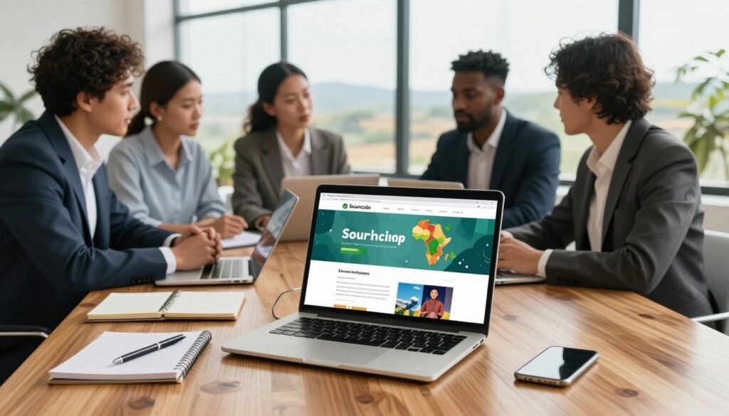 A professional setting showcasing various tools and platforms for sourcing in Africa. In the foreground, include a stylish laptop displaying a vibrant sourcing website, surrounded by essential business tools like a notepad, pen, and a smartphone, all elegantly arranged on a polished wooden desk. In the middle ground, depict a diverse group of business professionals—two men and one woman—discussing strategies, all dressed in smart business attire. The background shows a bright, modern office environment with large windows letting in natural sunlight, revealing a beautiful view of African landscapes. The overall atmosphere should convey a sense of collaboration, efficiency, and opportunity in sourcing products from Africa, with a warm color palette to evoke optimism and professionalism. A professional setting showcasing various tools and platforms for sourcing in Africa. In the foreground, include a stylish laptop displaying a vibrant sourcing website, surrounded by essential business tools like a notepad, pen, and a smartphone, all elegantly arranged on a polished wooden desk. In the middle ground, depict a diverse group of business professionals—two men and one woman—discussing strategies, all dressed in smart business attire. The background shows a bright, modern office environment with large windows letting in natural sunlight, revealing a beautiful view of African landscapes. The overall atmosphere should convey a sense of collaboration, efficiency, and opportunity in sourcing products from Africa, with a warm color palette to evoke optimism and professionalism.