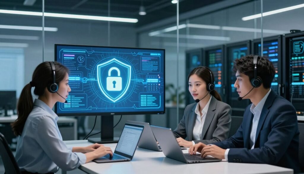 A professional support desk environment focusing on data security. In the foreground, a diverse group of three customer support agents, two women and one man, are engaged in a discussion around a modern desk with laptops, all wearing smart business attire. The middle ground features a large digital screen displaying data security graphics, such as locks, shields, and data flow patterns. In the background, a sleek, high-tech office with glass walls, showcasing server racks and data protection symbols. The lighting is bright and focused on the agents, with soft ambient lighting throughout the space. Capture a collaborative and secure atmosphere, emphasizing professionalism and trust in data handling. A professional support desk environment focusing on data security. In the foreground, a diverse group of three customer support agents, two women and one man, are engaged in a discussion around a modern desk with laptops, all wearing smart business attire. The middle ground features a large digital screen displaying data security graphics, such as locks, shields, and data flow patterns. In the background, a sleek, high-tech office with glass walls, showcasing server racks and data protection symbols. The lighting is bright and focused on the agents, with soft ambient lighting throughout the space. Capture a collaborative and secure atmosphere, emphasizing professionalism and trust in data handling.