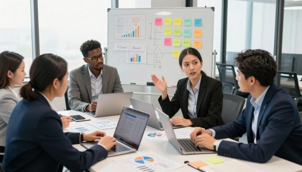 A professional team brainstorming a marketing strategy in a contemporary office environment. In the foreground, a diverse group of four individuals, wearing smart business attire, engaged in discussion around a large table filled with charts, diagrams, and laptops. The middle ground features a whiteboard with colorful marketing concepts and sticky notes visible. In the background, large windows allow natural light to illuminate the scene, providing a vibrant and energetic atmosphere. The mood is focused and collaborative, reflecting an air of innovation and creativity in the marketing field. The angle is slightly elevated, capturing the team’s engagement and the dynamic environment of the workspace, emphasizing teamwork and strategic planning. A professional team brainstorming a marketing strategy in a contemporary office environment. In the foreground, a diverse group of four individuals, wearing smart business attire, engaged in discussion around a large table filled with charts, diagrams, and laptops. The middle ground features a whiteboard with colorful marketing concepts and sticky notes visible. In the background, large windows allow natural light to illuminate the scene, providing a vibrant and energetic atmosphere. The mood is focused and collaborative, reflecting an air of innovation and creativity in the marketing field. The angle is slightly elevated, capturing the team’s engagement and the dynamic environment of the workspace, emphasizing teamwork and strategic planning.