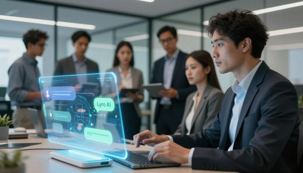 A professional virtual assistant named Lyro AI is showcased as a sleek, futuristic chatbot interface in a modern office setting. In the foreground, the chatbot appears as an interactive holographic display, emanating soft blue and green light. In the middle ground, a diverse group of business professionals, dressed in smart business attire, engage with the AI, expressing curiosity and collaboration. The background features a contemporary office space with glass walls, accentuating a tech-savvy atmosphere. Soft, diffused lighting creates an inviting environment, enhancing the innovative mood. The camera angle is slightly above eye level, capturing both the interaction with Lyro AI and the backdrop of the lively corporate environment. This image embodies the essence of advanced conversational AI and its role in optimizing business functions. A professional virtual assistant named Lyro AI is showcased as a sleek, futuristic chatbot interface in a modern office setting. In the foreground, the chatbot appears as an interactive holographic display, emanating soft blue and green light. In the middle ground, a diverse group of business professionals, dressed in smart business attire, engage with the AI, expressing curiosity and collaboration. The background features a contemporary office space with glass walls, accentuating a tech-savvy atmosphere. Soft, diffused lighting creates an inviting environment, enhancing the innovative mood. The camera angle is slightly above eye level, capturing both the interaction with Lyro AI and the backdrop of the lively corporate environment. This image embodies the essence of advanced conversational AI and its role in optimizing business functions.