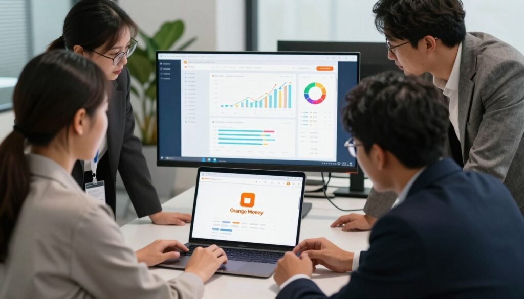 A professional workspace scene depicting the integration of Orange Money into an e-commerce platform. In the foreground, a diverse group of three professionals in business attire—two men and one woman—collaborating around a laptop displaying the Orange Money interface. In the middle ground, a large monitor shows colorful graphs and charts illustrating financial transactions and e-commerce activities. The background features a modern office environment with soft lighting and greenery for an inviting atmosphere. The camera angle is slightly elevated, providing a clear view of the teamwork and technology involved. The mood is dynamic and cooperative, emphasizing innovation and practical guidance in modern business practices. A professional workspace scene depicting the integration of Orange Money into an e-commerce platform. In the foreground, a diverse group of three professionals in business attire—two men and one woman—collaborating around a laptop displaying the Orange Money interface. In the middle ground, a large monitor shows colorful graphs and charts illustrating financial transactions and e-commerce activities. The background features a modern office environment with soft lighting and greenery for an inviting atmosphere. The camera angle is slightly elevated, providing a clear view of the teamwork and technology involved. The mood is dynamic and cooperative, emphasizing innovation and practical guidance in modern business practices.