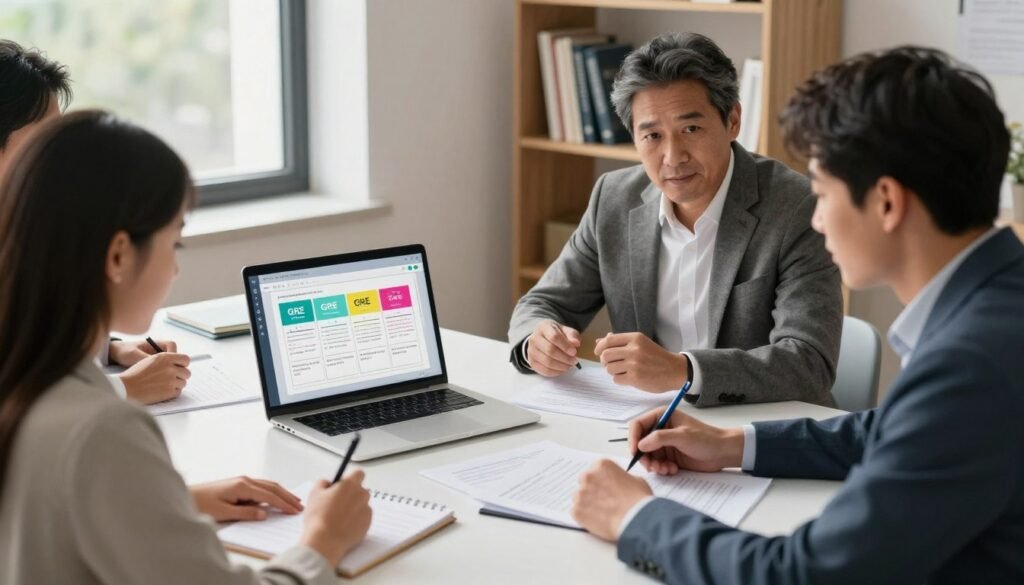 A professional workspace setting featuring a diverse group of four individuals collaborating on GRE practice questions. In the foreground, a young woman in business casual attire is writing on a notepad, while a middle-aged man, dressed in a smart blazer, discusses strategies with her. In the middle ground, a laptop displays a vibrant diagram of GRE question types, surrounded by printed materials. A window in the background allows natural light to flood the room, casting soft shadows and illuminating a bookshelf filled with educational resources. The mood is focused and collaborative, reflecting a productive study environment. The overall atmosphere conveys determination and the pursuit of academic excellence. A professional workspace setting featuring a diverse group of four individuals collaborating on GRE practice questions. In the foreground, a young woman in business casual attire is writing on a notepad, while a middle-aged man, dressed in a smart blazer, discusses strategies with her. In the middle ground, a laptop displays a vibrant diagram of GRE question types, surrounded by printed materials. A window in the background allows natural light to flood the room, casting soft shadows and illuminating a bookshelf filled with educational resources. The mood is focused and collaborative, reflecting a productive study environment. The overall atmosphere conveys determination and the pursuit of academic excellence.