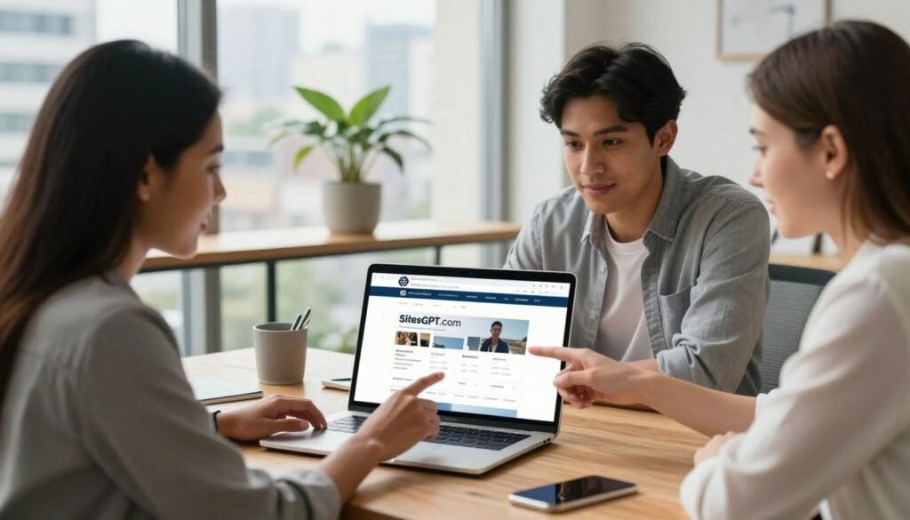 A professional workspace setting with a sleek modern laptop open on a wooden desk, displaying the SitesGPT.com website interface for website creation. In the foreground, a diverse group of three young professionals—a Black woman, a Hispanic man, and a Caucasian woman—collaborate, pointing at the screen and discussing ideas. They're dressed in smart casual business attire. In the middle ground, a large window reveals a bright cityscape, allowing natural light to flood the room, creating a warm and inviting atmosphere. A stylish plant sits on a shelf, adding a touch of green. The mood is focused and collaborative, embodying the spirit of innovation and teamwork in the digital age. The camera angle is slightly above eye level, making the scene dynamic without overwhelming the viewer. A professional workspace setting with a sleek modern laptop open on a wooden desk, displaying the SitesGPT.com website interface for website creation. In the foreground, a diverse group of three young professionals—a Black woman, a Hispanic man, and a Caucasian woman—collaborate, pointing at the screen and discussing ideas. They're dressed in smart casual business attire. In the middle ground, a large window reveals a bright cityscape, allowing natural light to flood the room, creating a warm and inviting atmosphere. A stylish plant sits on a shelf, adding a touch of green. The mood is focused and collaborative, embodying the spirit of innovation and teamwork in the digital age. The camera angle is slightly above eye level, making the scene dynamic without overwhelming the viewer.