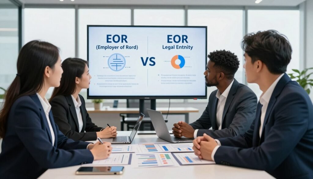 A professional workspace showcasing a strategic comparison between EOR (Employer of Record) and legal entities for market entry. In the foreground, a diverse group of three business professionals (one Asian woman, one Black man, one Caucasian woman) dressed in smart business attire is engaged in a discussion around a large table filled with charts and data analytics. In the middle ground, an interactive digital display shows clear diagrams contrasting the benefits and challenges of EOR versus starting a legal entity. The background features a modern office setting with large windows allowing natural light to flood the room, creating a collaborative and focused atmosphere. The camera angle is slightly tilted downward to emphasize the table's details, conveying a sense of active engagement and strategy development in a corporate environment. A professional workspace showcasing a strategic comparison between EOR (Employer of Record) and legal entities for market entry. In the foreground, a diverse group of three business professionals (one Asian woman, one Black man, one Caucasian woman) dressed in smart business attire is engaged in a discussion around a large table filled with charts and data analytics. In the middle ground, an interactive digital display shows clear diagrams contrasting the benefits and challenges of EOR versus starting a legal entity. The background features a modern office setting with large windows allowing natural light to flood the room, creating a collaborative and focused atmosphere. The camera angle is slightly tilted downward to emphasize the table's details, conveying a sense of active engagement and strategy development in a corporate environment.
