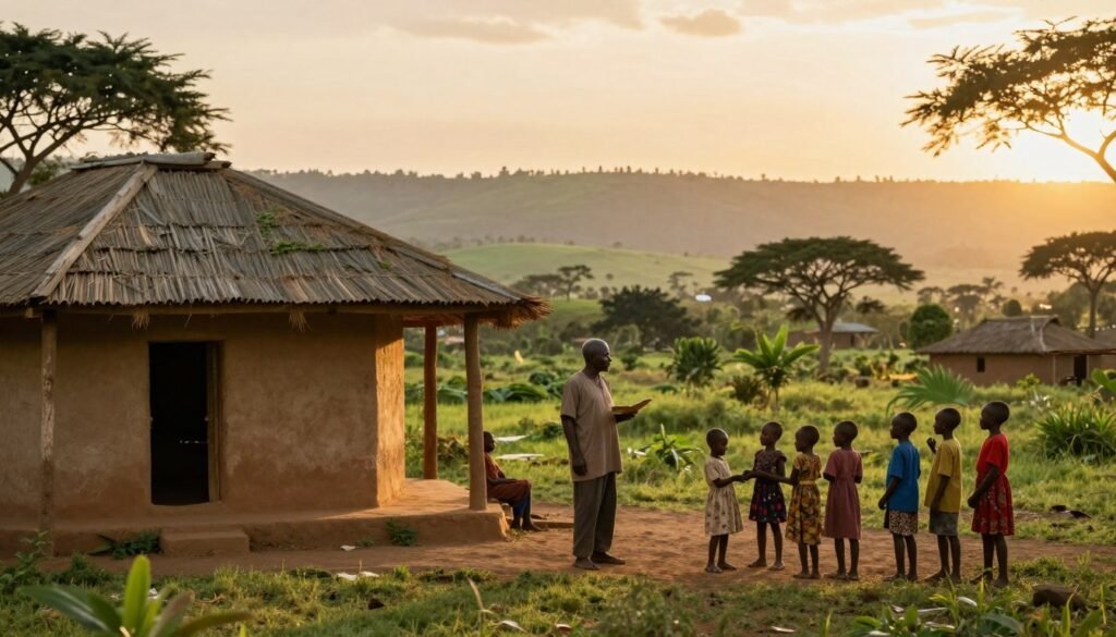 A serene Tanzanian landscape showcasing a vibrant village setting, highlighting the childhood origins of Mohammed Dewji. In the foreground, a modest family home with traditional architecture and lush greenery symbolizes warmth and togetherness. Nearby, children play and interact, dressed modestly in colorful clothing, reflecting local culture. In the middle ground, an older man recounts stories to attentive children, demonstrating a connection to tradition and knowledge. The background features rolling hills under a soft, golden sunset, casting warm hues across the scene, creating a nostalgic atmosphere. Use soft, warm lighting to enhance the emotional connection of the image. The scene should evoke feelings of family, heritage, and community, capturing the essence of Dewji's early life and education. A serene Tanzanian landscape showcasing a vibrant village setting, highlighting the childhood origins of Mohammed Dewji. In the foreground, a modest family home with traditional architecture and lush greenery symbolizes warmth and togetherness. Nearby, children play and interact, dressed modestly in colorful clothing, reflecting local culture. In the middle ground, an older man recounts stories to attentive children, demonstrating a connection to tradition and knowledge. The background features rolling hills under a soft, golden sunset, casting warm hues across the scene, creating a nostalgic atmosphere. Use soft, warm lighting to enhance the emotional connection of the image. The scene should evoke feelings of family, heritage, and community, capturing the essence of Dewji's early life and education.