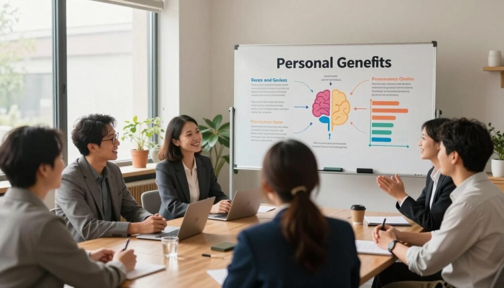 A serene and inspirational scene showcasing the concrete benefits of personal development. In the foreground, a group of diverse adults in professional business attire engage in a collaborative workshop, sharing ideas and smiling. Their expressions radiate motivation and enthusiasm. In the middle ground, a large whiteboard displays colorful infographics and key concepts about personal growth, with images of books, brain graphics, and progress bars. The background features large windows with soft, natural light streaming in, illuminating the room and creating an uplifting atmosphere. A cozy plant corner adds to the warmth. The mood is empowering and focused, symbolizing transformation and potential through the teachings of Mindvalley. A serene and inspirational scene showcasing the concrete benefits of personal development. In the foreground, a group of diverse adults in professional business attire engage in a collaborative workshop, sharing ideas and smiling. Their expressions radiate motivation and enthusiasm. In the middle ground, a large whiteboard displays colorful infographics and key concepts about personal growth, with images of books, brain graphics, and progress bars. The background features large windows with soft, natural light streaming in, illuminating the room and creating an uplifting atmosphere. A cozy plant corner adds to the warmth. The mood is empowering and focused, symbolizing transformation and potential through the teachings of Mindvalley.