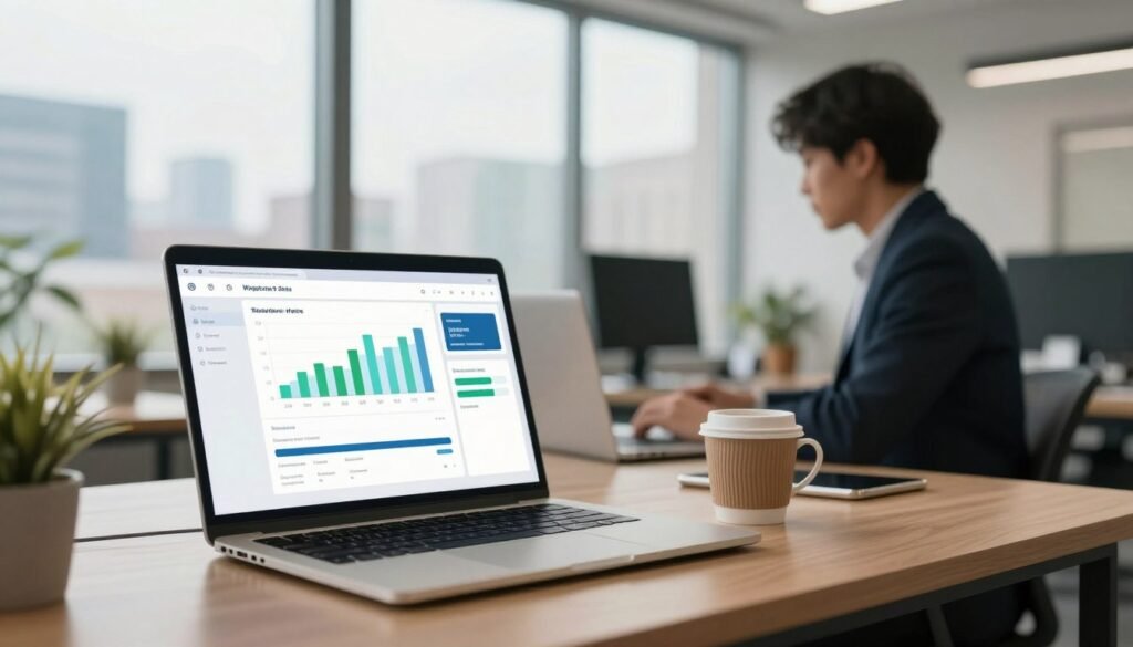 A serene digital workspace showcasing the process of migrating a WordPress site. In the foreground, a sleek laptop displays a vibrant migration dashboard, with graphs and progress bars indicating a successful transfer. Beside it, a coffee cup adds a touch of warmth. In the middle ground, a modern office with large windows allows soft, natural light to flood the space, illuminating a professional individual in smart business attire, focused on the screen. The background features a calming view of a city skyline, symbolizing connectivity and growth. The overall mood is one of efficiency and tranquility, emphasizing the seamless experience of website migration. A serene digital workspace showcasing the process of migrating a WordPress site. In the foreground, a sleek laptop displays a vibrant migration dashboard, with graphs and progress bars indicating a successful transfer. Beside it, a coffee cup adds a touch of warmth. In the middle ground, a modern office with large windows allows soft, natural light to flood the space, illuminating a professional individual in smart business attire, focused on the screen. The background features a calming view of a city skyline, symbolizing connectivity and growth. The overall mood is one of efficiency and tranquility, emphasizing the seamless experience of website migration.