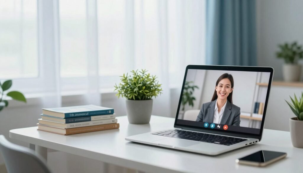 A serene home office environment illustrating the benefits of online therapy. In the foreground, show a cozy desk with a laptop open, displaying a video call interface. A professional therapist appears on the screen, dressed in business attire, offering a warm smile. In the middle, include a potted plant and a stack of self-help books, creating an inviting atmosphere. The background features a softly lit window with sheer curtains allowing natural light to flood the room, reflecting a calm and peaceful mood. The overall color palette should be soothing, with light blues and soft greens. Use a wide-angle lens effect to capture the entire workspace, enhancing the sense of tranquility and professionalism associated with online therapy. A serene home office environment illustrating the benefits of online therapy. In the foreground, show a cozy desk with a laptop open, displaying a video call interface. A professional therapist appears on the screen, dressed in business attire, offering a warm smile. In the middle, include a potted plant and a stack of self-help books, creating an inviting atmosphere. The background features a softly lit window with sheer curtains allowing natural light to flood the room, reflecting a calm and peaceful mood. The overall color palette should be soothing, with light blues and soft greens. Use a wide-angle lens effect to capture the entire workspace, enhancing the sense of tranquility and professionalism associated with online therapy.