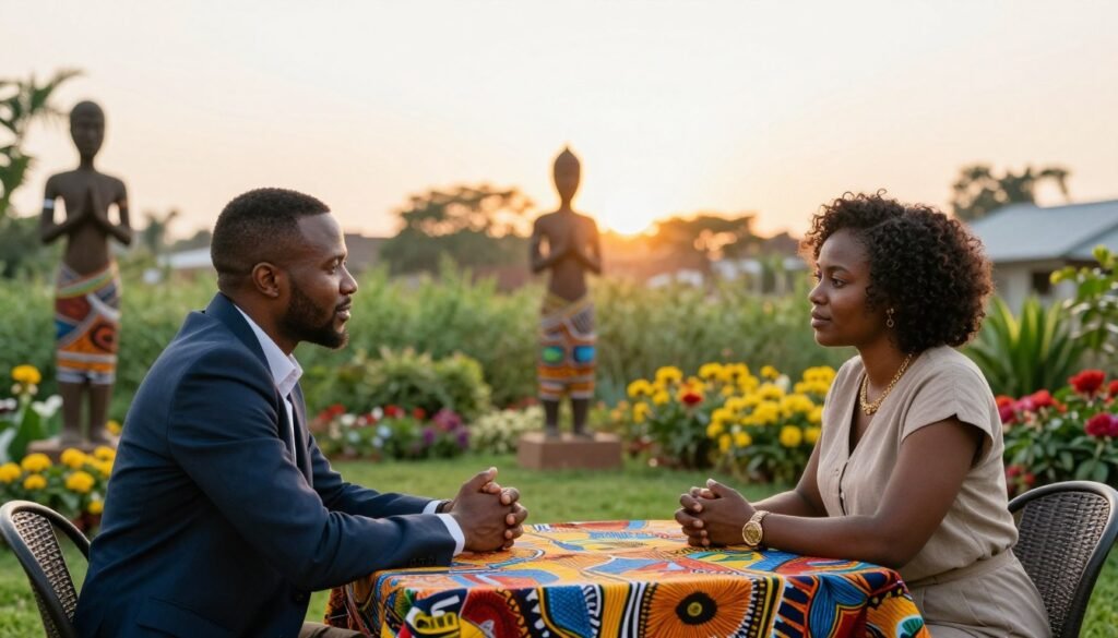 A serene outdoor scene depicting two African partners engaged in a deep conversation, symbolizing durable and fruitful relationships. In the foreground, a professional couple, one male and one female, are seated at a small table with a vibrant African print tablecloth, dressed in modest, elegant business attire. The middle ground features a luscious green garden with blooming flowers and traditional African sculptures, creating a welcoming atmosphere. In the background, the soft glow of the setting sun casts a warm golden light, enhancing the intimate mood. Use a soft focus lens to create a gentle blur on the surrounding scenery, emphasizing the couple and their connection, suggesting warmth, trust, and the beauty of lasting partnerships. A serene outdoor scene depicting two African partners engaged in a deep conversation, symbolizing durable and fruitful relationships. In the foreground, a professional couple, one male and one female, are seated at a small table with a vibrant African print tablecloth, dressed in modest, elegant business attire. The middle ground features a luscious green garden with blooming flowers and traditional African sculptures, creating a welcoming atmosphere. In the background, the soft glow of the setting sun casts a warm golden light, enhancing the intimate mood. Use a soft focus lens to create a gentle blur on the surrounding scenery, emphasizing the couple and their connection, suggesting warmth, trust, and the beauty of lasting partnerships.