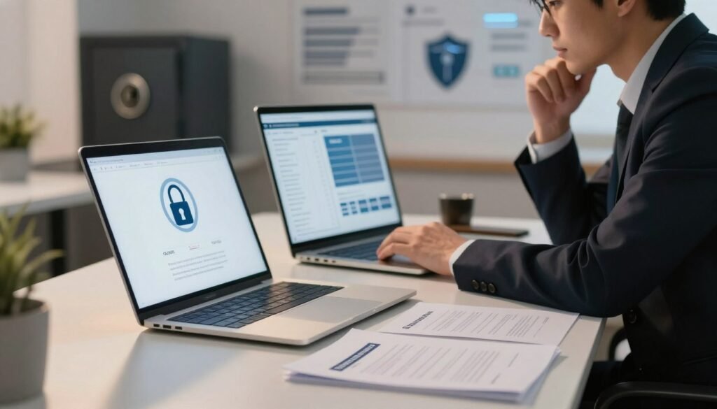 A serene workspace depicting a secure online presence foundation. In the foreground, a sleek desk with a modern laptop open, displaying a secure SSL certificate symbol. Beside the laptop, visible documents highlighting domain registration and hosting features lie neatly organized. The middle ground features a professional figure in formal business attire, thoughtfully analyzing data on their screen, showing focus and expertise. The background is softly blurred, revealing a minimalist office with digital security elements like a locked safe and cyber defense graphics on the walls. Warm, inviting lighting casts a gentle glow, creating a sense of trust and professionalism. The overall mood is one of security, stability, and preparedness, evoking confidence in online safety measures. A serene workspace depicting a secure online presence foundation. In the foreground, a sleek desk with a modern laptop open, displaying a secure SSL certificate symbol. Beside the laptop, visible documents highlighting domain registration and hosting features lie neatly organized. The middle ground features a professional figure in formal business attire, thoughtfully analyzing data on their screen, showing focus and expertise. The background is softly blurred, revealing a minimalist office with digital security elements like a locked safe and cyber defense graphics on the walls. Warm, inviting lighting casts a gentle glow, creating a sense of trust and professionalism. The overall mood is one of security, stability, and preparedness, evoking confidence in online safety measures.