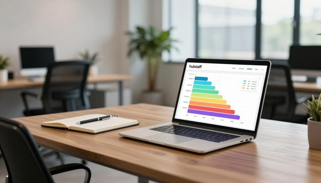 A sleek and modern digital workspace showcasing Hubstaff's subscription plans. In the foreground, a polished wooden desk featuring an open laptop displaying a colorful comparison chart of Hubstaff's pricing tiers. Beside the laptop, a stylish notepad and a pen suggest planning and organization. In the middle ground, a comfortable ergonomic chair, with soft lighting highlighting the workspace, evokes productivity. The background features a blurred view of a contemporary office with green plants and natural light streaming in from large windows, creating a bright and inviting atmosphere. The overall mood is professional and focused, emphasizing teamwork and efficiency for remote workers. Use a soft, diffused lighting effect to create warmth and approachability. A sleek and modern digital workspace showcasing Hubstaff's subscription plans. In the foreground, a polished wooden desk featuring an open laptop displaying a colorful comparison chart of Hubstaff's pricing tiers. Beside the laptop, a stylish notepad and a pen suggest planning and organization. In the middle ground, a comfortable ergonomic chair, with soft lighting highlighting the workspace, evokes productivity. The background features a blurred view of a contemporary office with green plants and natural light streaming in from large windows, creating a bright and inviting atmosphere. The overall mood is professional and focused, emphasizing teamwork and efficiency for remote workers. Use a soft, diffused lighting effect to create warmth and approachability.