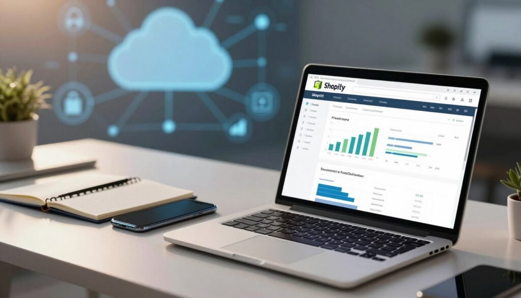 A sleek and modern e-commerce workspace, highlighting the concept of fast and reliable website hosting for an online store. In the foreground, a stylish laptop displaying a vibrant Shopify dashboard with graphs and performance metrics. The middle layer features an organized desk with a notebook and a smartphone, symbolizing multitasking and efficiency. The background showcases a stylized representation of a digital cloud network, signifying secure data hosting. Soft, warm lighting creates a professional and inviting atmosphere, while a shallow depth of field adds focus to the laptop. The scene is captured from a slight angle, suggesting a dynamic workflow and tech-savvy environment. A sleek and modern e-commerce workspace, highlighting the concept of fast and reliable website hosting for an online store. In the foreground, a stylish laptop displaying a vibrant Shopify dashboard with graphs and performance metrics. The middle layer features an organized desk with a notebook and a smartphone, symbolizing multitasking and efficiency. The background showcases a stylized representation of a digital cloud network, signifying secure data hosting. Soft, warm lighting creates a professional and inviting atmosphere, while a shallow depth of field adds focus to the laptop. The scene is captured from a slight angle, suggesting a dynamic workflow and tech-savvy environment.