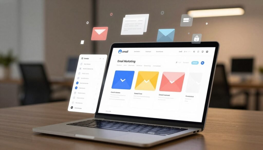 A sleek and modern email software interface displayed on a laptop. The foreground features the laptop with an elegant, minimalist design, showcasing vibrant email templates and intuitive navigation elements. In the middle ground, there are abstract icons representing email marketing tools, such as analytics and automation, arranged artistically. The background features a soft-focus office environment with warm lighting to create a welcoming and productive atmosphere. The scene is captured from a slight overhead angle to emphasize the user-friendly layout, with soft shadows adding depth. The overall mood conveys efficiency and ease of use, reflecting an innovative email marketing solution. A sleek and modern email software interface displayed on a laptop. The foreground features the laptop with an elegant, minimalist design, showcasing vibrant email templates and intuitive navigation elements. In the middle ground, there are abstract icons representing email marketing tools, such as analytics and automation, arranged artistically. The background features a soft-focus office environment with warm lighting to create a welcoming and productive atmosphere. The scene is captured from a slight overhead angle to emphasize the user-friendly layout, with soft shadows adding depth. The overall mood conveys efficiency and ease of use, reflecting an innovative email marketing solution.