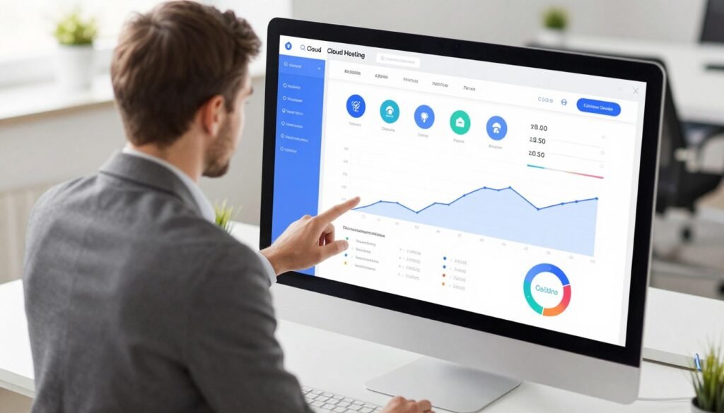 A sleek and modern user interface for cloud hosting, featuring an intuitive dashboard with vibrant colors and user-friendly icons. The foreground displays a computer screen showcasing graphs and analytics, emphasizing real-time monitoring of cloud services. In the middle ground, a focused professional, dressed in business attire, is engaged with the interface, representing ease of use and accessibility. The background illustrates a clean, minimalist office space with soft lighting that creates a welcoming atmosphere. A dynamic view from above gives a sense of a seamless experience, emphasizing user interaction and technology. The overall mood is innovative and efficient, capturing the essence of a flexible and secure web hosting environment. A sleek and modern user interface for cloud hosting, featuring an intuitive dashboard with vibrant colors and user-friendly icons. The foreground displays a computer screen showcasing graphs and analytics, emphasizing real-time monitoring of cloud services. In the middle ground, a focused professional, dressed in business attire, is engaged with the interface, representing ease of use and accessibility. The background illustrates a clean, minimalist office space with soft lighting that creates a welcoming atmosphere. A dynamic view from above gives a sense of a seamless experience, emphasizing user interaction and technology. The overall mood is innovative and efficient, capturing the essence of a flexible and secure web hosting environment.