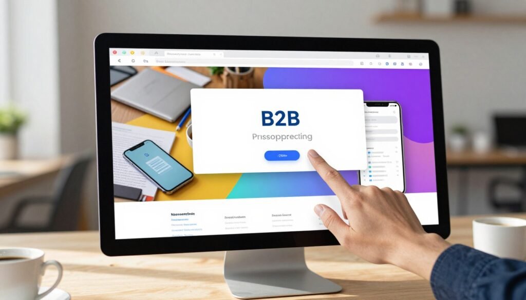 A sleek and modern web browser extension interface for B2B prospecting, vividly displayed on a computer screen. In the foreground, a hand clicks on the extension icon, showcasing an intuitive and user-friendly design with appealing colors and graphics representing useful data. The middle layer features a vibrant workspace with documents, a smartphone, and a cup of coffee, creating an engaging atmosphere. The background includes a blurred office interior with soft lighting, emphasizing a professional environment. The scene is well-lit, casting natural shadows, and adding depth. The overall mood is dynamic and focused, reflecting productivity and innovation in B2B sales strategies, with an emphasis on collaboration and efficiency. A sleek and modern web browser extension interface for B2B prospecting, vividly displayed on a computer screen. In the foreground, a hand clicks on the extension icon, showcasing an intuitive and user-friendly design with appealing colors and graphics representing useful data. The middle layer features a vibrant workspace with documents, a smartphone, and a cup of coffee, creating an engaging atmosphere. The background includes a blurred office interior with soft lighting, emphasizing a professional environment. The scene is well-lit, casting natural shadows, and adding depth. The overall mood is dynamic and focused, reflecting productivity and innovation in B2B sales strategies, with an emphasis on collaboration and efficiency.