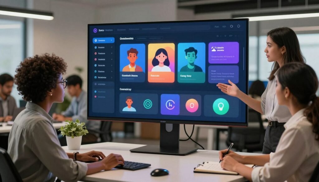 A sleek and modern workspace featuring a personalized AI assistant interface on a large, interactive screen. In the foreground, a diverse group of professionals in smart casual attire, including a Black woman with glasses focusing on the screen, a South Asian man taking notes, and a Hispanic woman gesturing towards the AI display. The middle ground showcases the high-tech interface, with colorful customizable options like avatars and design themes displayed. In the background, a contemporary office environment with soft, ambient lighting and greenery, creating a collaborative atmosphere. The overall mood is innovative and engaging, highlighting the theme of customization and personalization in technology. A sleek and modern workspace featuring a personalized AI assistant interface on a large, interactive screen. In the foreground, a diverse group of professionals in smart casual attire, including a Black woman with glasses focusing on the screen, a South Asian man taking notes, and a Hispanic woman gesturing towards the AI display. The middle ground showcases the high-tech interface, with colorful customizable options like avatars and design themes displayed. In the background, a contemporary office environment with soft, ambient lighting and greenery, creating a collaborative atmosphere. The overall mood is innovative and engaging, highlighting the theme of customization and personalization in technology.