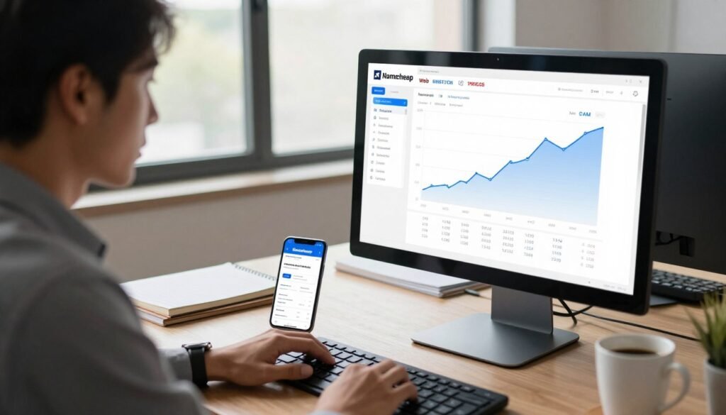 A sleek and modern workspace showcasing a computer screen displaying a detailed graph analyzing web hosting prices. In the foreground, a professional individual in business attire, a focused look on their face, examines the data. The middle ground features a clutter-free desk with notepads and a coffee cup, and a smartphone showing the Namecheap website. The background includes a large window with soft natural light filtering in, illuminating the room and adding a warm atmosphere. The overall mood is one of concentration and professionalism, emphasizing the analysis of web hosting tariffs. The image should convey clarity, alignment, and a sense of discovering affordable options in a digital landscape. A sleek and modern workspace showcasing a computer screen displaying a detailed graph analyzing web hosting prices. In the foreground, a professional individual in business attire, a focused look on their face, examines the data. The middle ground features a clutter-free desk with notepads and a coffee cup, and a smartphone showing the Namecheap website. The background includes a large window with soft natural light filtering in, illuminating the room and adding a warm atmosphere. The overall mood is one of concentration and professionalism, emphasizing the analysis of web hosting tariffs. The image should convey clarity, alignment, and a sense of discovering affordable options in a digital landscape.