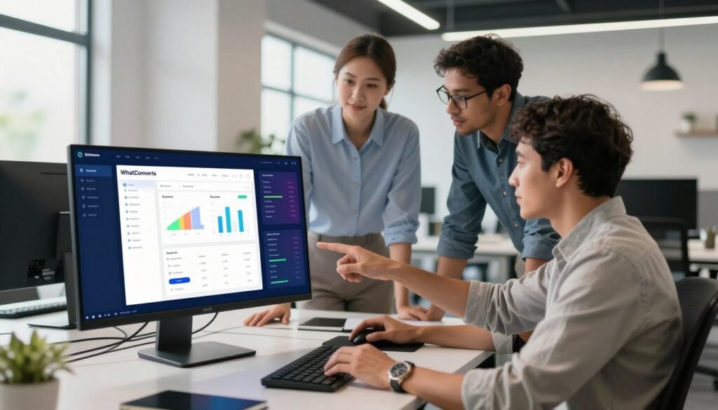 A sleek and modern workspace showcasing the key features of WhatConverts, with a high-tech feel. In the foreground, a digital dashboard displays analytics and conversion metrics on vibrant screens. In the middle, a diverse group of three professionals, wearing smart business attire, engage in discussion while pointing at the dashboard, suggesting collaboration and analysis. The background features a stylish office environment with contemporary furniture and large windows allowing natural light to flood in, creating a bright and inviting atmosphere. Soft shadows enhance depth, while a shallow depth of field emphasizes the focused interaction around the dashboard. The overall mood is one of innovation and teamwork, ideal for showcasing the platform’s functionalities. A sleek and modern workspace showcasing the key features of WhatConverts, with a high-tech feel. In the foreground, a digital dashboard displays analytics and conversion metrics on vibrant screens. In the middle, a diverse group of three professionals, wearing smart business attire, engage in discussion while pointing at the dashboard, suggesting collaboration and analysis. The background features a stylish office environment with contemporary furniture and large windows allowing natural light to flood in, creating a bright and inviting atmosphere. Soft shadows enhance depth, while a shallow depth of field emphasizes the focused interaction around the dashboard. The overall mood is one of innovation and teamwork, ideal for showcasing the platform’s functionalities.