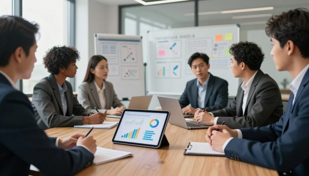 A sleek conference room setting, showcasing a large wooden table surrounded by diverse professionals in smart business attire, engaged in discussion and brainstorming. In the foreground, a digital tablet displays colorful graphs and charts depicting market research objectives and target demographics. The middle section features a whiteboard filled with strategic notes and diagrams. In the background, large windows allow natural light to flood the room, casting gentle shadows and creating a productive atmosphere. Soft focus adds depth, with warm tones to convey a sense of collaboration and innovation. The angle captures the participants’ expressions of focus and determination, set within a modern corporate environment. The image should evoke a mood of strategic planning and teamwork, emphasizing clarity and purpose in market research. A sleek conference room setting, showcasing a large wooden table surrounded by diverse professionals in smart business attire, engaged in discussion and brainstorming. In the foreground, a digital tablet displays colorful graphs and charts depicting market research objectives and target demographics. The middle section features a whiteboard filled with strategic notes and diagrams. In the background, large windows allow natural light to flood the room, casting gentle shadows and creating a productive atmosphere. Soft focus adds depth, with warm tones to convey a sense of collaboration and innovation. The angle captures the participants’ expressions of focus and determination, set within a modern corporate environment. The image should evoke a mood of strategic planning and teamwork, emphasizing clarity and purpose in market research.