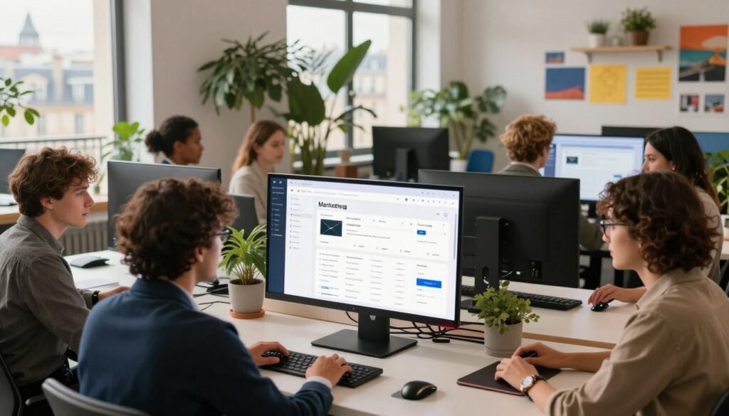 A sleek digital workspace displaying a modern French alternative to email marketing tools, highlighting its features. In the foreground, a diverse group of professionals, dressed in business attire, collaborate around a large touchscreen display showcasing user-friendly analytics and email campaign designs. The middle features a stylish, contemporary office with greenery, vibrant colors, and creative elements reflecting innovation. In the background, large windows reveal a Parisian skyline, bringing a touch of French culture. Soft, natural lighting fills the space, creating a warm, inviting atmosphere. The angle is slightly elevated, capturing both the dynamic group and the high-tech tools they are utilizing, emphasizing a productive and collaborative environment. A sleek digital workspace displaying a modern French alternative to email marketing tools, highlighting its features. In the foreground, a diverse group of professionals, dressed in business attire, collaborate around a large touchscreen display showcasing user-friendly analytics and email campaign designs. The middle features a stylish, contemporary office with greenery, vibrant colors, and creative elements reflecting innovation. In the background, large windows reveal a Parisian skyline, bringing a touch of French culture. Soft, natural lighting fills the space, creating a warm, inviting atmosphere. The angle is slightly elevated, capturing both the dynamic group and the high-tech tools they are utilizing, emphasizing a productive and collaborative environment.