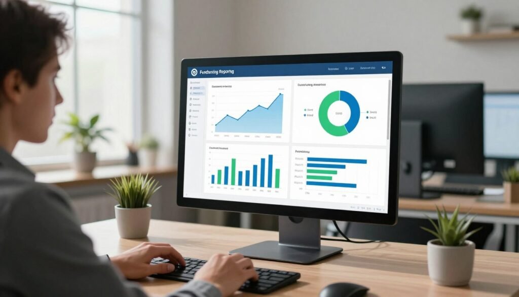 A sleek fundraising reporting and analytics dashboard displayed on a high-resolution computer screen. In the foreground, the monitor shows colorful graphs and pie charts representing donor trends and fundraiser performance metrics, utilizing vibrant blues and greens for clarity. The middle layer features a modern office environment with a stylish desk and minimalistic decor, highlighting a professional atmosphere. In the background, soft natural light filters in from a large window, casting gentle shadows, emphasizing a sense of productivity. An individual in business attire is engrossed in analyzing the data, reflecting focus and dedication. The overall mood is one of empowerment and clarity, aiming to inspire a sense of confidence in data-driven decisions for nonprofits. A sleek fundraising reporting and analytics dashboard displayed on a high-resolution computer screen. In the foreground, the monitor shows colorful graphs and pie charts representing donor trends and fundraiser performance metrics, utilizing vibrant blues and greens for clarity. The middle layer features a modern office environment with a stylish desk and minimalistic decor, highlighting a professional atmosphere. In the background, soft natural light filters in from a large window, casting gentle shadows, emphasizing a sense of productivity. An individual in business attire is engrossed in analyzing the data, reflecting focus and dedication. The overall mood is one of empowerment and clarity, aiming to inspire a sense of confidence in data-driven decisions for nonprofits.