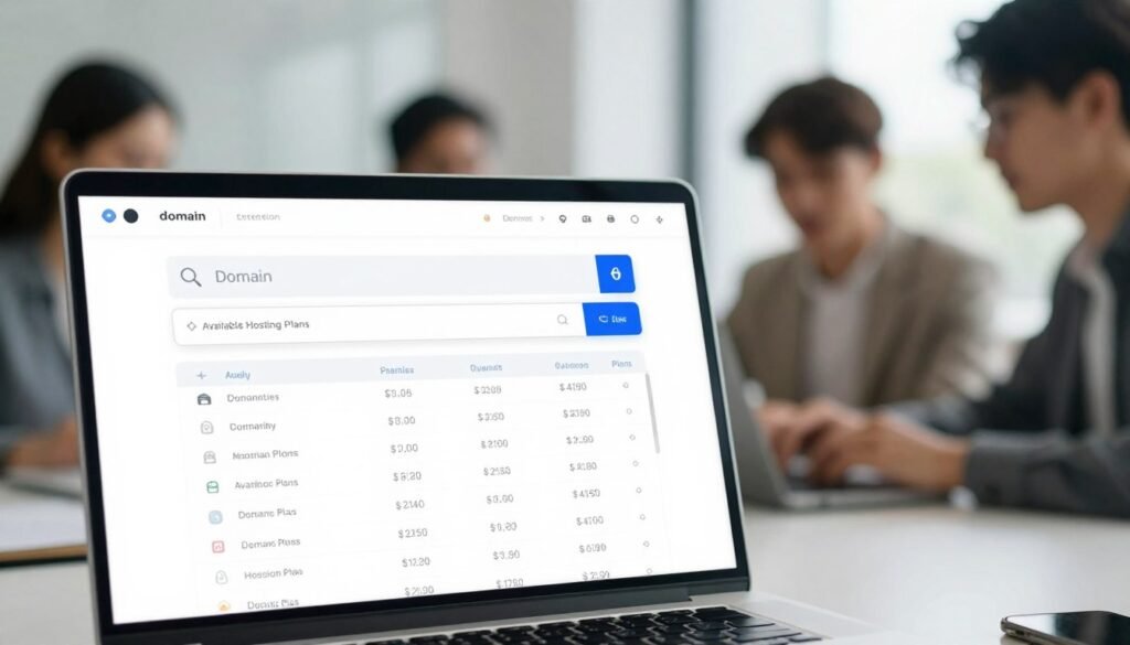 A sleek, modern domain search tool interface displayed prominently in the foreground, featuring an intuitive search bar for entering desired domain names. The layout includes options for adding extensions and a secure symbol, indicating trust and safety. In the middle ground, subtle visual elements represent user-friendly features, such as a comparison table of domain prices and available hosting plans. The background is softly blurred, showcasing a professional workspace with a laptop and colleagues in business attire discussing domain strategies, conveying a collaborative and tech-savvy atmosphere. The lighting is bright yet inviting, with a focus on clarity and usability, providing a stimulating mood that encourages action and engagement in online domain registration. A sleek, modern domain search tool interface displayed prominently in the foreground, featuring an intuitive search bar for entering desired domain names. The layout includes options for adding extensions and a secure symbol, indicating trust and safety. In the middle ground, subtle visual elements represent user-friendly features, such as a comparison table of domain prices and available hosting plans. The background is softly blurred, showcasing a professional workspace with a laptop and colleagues in business attire discussing domain strategies, conveying a collaborative and tech-savvy atmosphere. The lighting is bright yet inviting, with a focus on clarity and usability, providing a stimulating mood that encourages action and engagement in online domain registration.