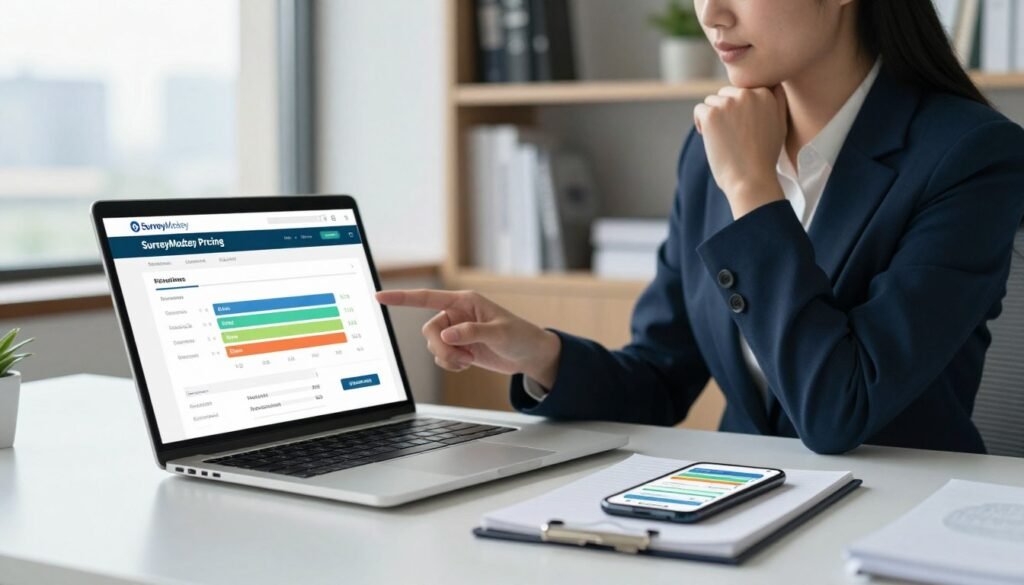 A sleek, modern office desk with a laptop open to the SurveyMonkey pricing page, displaying colorful charts and pricing tiers. In the foreground, a notepad and pen lie beside a smartphone showing survey results. The middle ground features a well-dressed business professional, a woman in a smart blazer, pointing at the laptop screen with a thoughtful expression. The background shows shelves filled with books and a subtle cityscape visible through a large window, allowing soft, natural light to filter in, creating an inviting and productive atmosphere. The image should evoke a sense of professionalism and clarity, with a color palette of blues and greens to reflect the serious yet innovative theme of online surveys. A sleek, modern office desk with a laptop open to the SurveyMonkey pricing page, displaying colorful charts and pricing tiers. In the foreground, a notepad and pen lie beside a smartphone showing survey results. The middle ground features a well-dressed business professional, a woman in a smart blazer, pointing at the laptop screen with a thoughtful expression. The background shows shelves filled with books and a subtle cityscape visible through a large window, allowing soft, natural light to filter in, creating an inviting and productive atmosphere. The image should evoke a sense of professionalism and clarity, with a color palette of blues and greens to reflect the serious yet innovative theme of online surveys.
