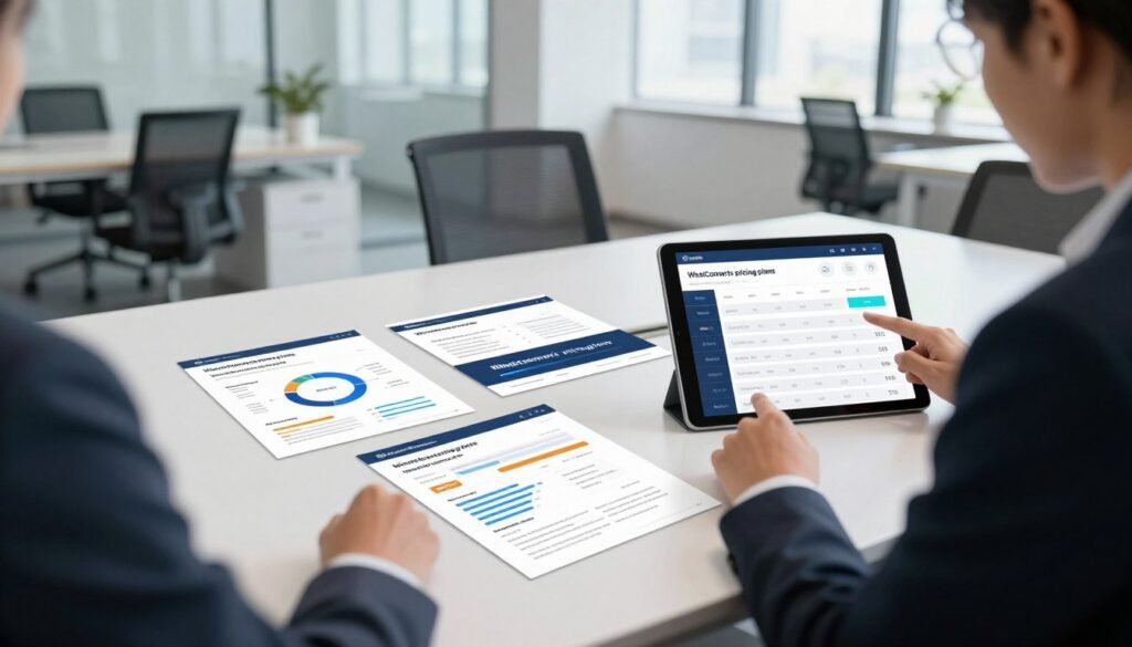 A sleek, modern office environment showcasing the concept of "WhatConverts pricing plans." In the foreground, a professional business person in smart attire analyzes a digital dashboard on a tablet, displaying various subscription tiers and analytics. In the middle, a stylish conference table features printed brochures and sleek graphics illustrating the pricing plans, along with charts and graphs depicting conversion rates. The background reveals a bright, open workspace with large windows letting in natural light, creating a vibrant atmosphere. The overall mood is optimistic and focused, highlighting the importance of smart decision-making in conversion analysis. Soft lighting accentuates the professionalism of the scene, helping to convey a sense of clarity and efficiency in choosing the right pricing plan. A sleek, modern office environment showcasing the concept of "WhatConverts pricing plans." In the foreground, a professional business person in smart attire analyzes a digital dashboard on a tablet, displaying various subscription tiers and analytics. In the middle, a stylish conference table features printed brochures and sleek graphics illustrating the pricing plans, along with charts and graphs depicting conversion rates. The background reveals a bright, open workspace with large windows letting in natural light, creating a vibrant atmosphere. The overall mood is optimistic and focused, highlighting the importance of smart decision-making in conversion analysis. Soft lighting accentuates the professionalism of the scene, helping to convey a sense of clarity and efficiency in choosing the right pricing plan.