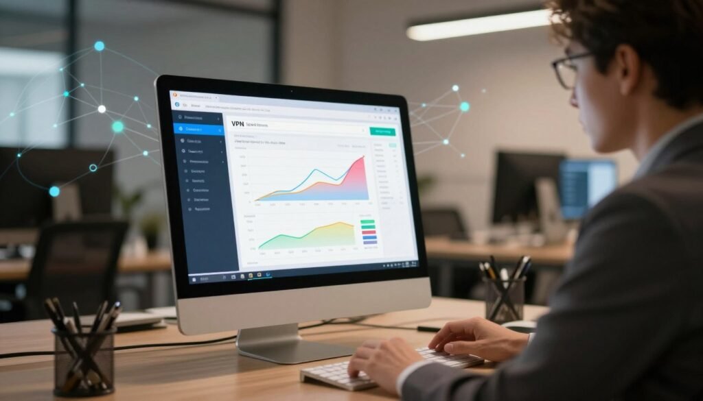 A sleek, modern office environment, with a high-tech desktop computer displaying a VPN speed test interface filled with colorful graphs and metrics. In the foreground, a professional in business attire intently observes the screen, portraying concentration and engagement. Soft, focused lighting illuminates the scene, highlighting the details on the screen while creating a warm and inviting atmosphere. In the background, abstract representations of digital connections and network pathways swirl gently, symbolizing data flow and online privacy. The angle is slightly tilted to emphasize both the screen and the user, enhancing the sense of activity and performance. The overall mood is professional, emphasizing the importance of online privacy and speed in a contemporary digital workspace. A sleek, modern office environment, with a high-tech desktop computer displaying a VPN speed test interface filled with colorful graphs and metrics. In the foreground, a professional in business attire intently observes the screen, portraying concentration and engagement. Soft, focused lighting illuminates the scene, highlighting the details on the screen while creating a warm and inviting atmosphere. In the background, abstract representations of digital connections and network pathways swirl gently, symbolizing data flow and online privacy. The angle is slightly tilted to emphasize both the screen and the user, enhancing the sense of activity and performance. The overall mood is professional, emphasizing the importance of online privacy and speed in a contemporary digital workspace.