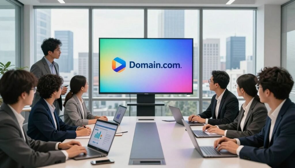 A sleek, modern office interior featuring a diverse group of professionals in business attire, discussing web hosting services around a large, high-tech conference table. In the foreground, show laptops and digital devices displaying graphs and web designs, emphasizing collaboration. In the middle, a large digital screen showcases Domain.com’s logo and their web hosting solutions, highlighted with vibrant colors. The background should reveal floor-to-ceiling windows with a panoramic view of a bustling city skyline under bright daylight. The atmosphere is dynamic and focused, conveying a sense of innovation and professionalism. Lighting is bright and natural, creating a welcoming and energetic mood, with an emphasis on the technology and teamwork elements of web hosting. A sleek, modern office interior featuring a diverse group of professionals in business attire, discussing web hosting services around a large, high-tech conference table. In the foreground, show laptops and digital devices displaying graphs and web designs, emphasizing collaboration. In the middle, a large digital screen showcases Domain.com’s logo and their web hosting solutions, highlighted with vibrant colors. The background should reveal floor-to-ceiling windows with a panoramic view of a bustling city skyline under bright daylight. The atmosphere is dynamic and focused, conveying a sense of innovation and professionalism. Lighting is bright and natural, creating a welcoming and energetic mood, with an emphasis on the technology and teamwork elements of web hosting.