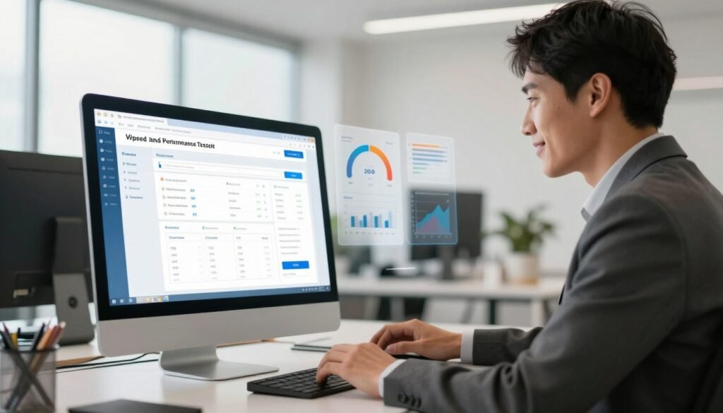 A sleek, modern office setting featuring a computer setup displaying a WordPress dashboard on the screen, symbolizing speed and performance testing. In the foreground, a professional-looking person in business attire, intently analyzing data on the screen, with a look of concentration and satisfaction. The middle ground includes dynamic elements like graphs and speed metrics floating around the screen to represent performance measurements. The background shows a bright, well-lit room with minimalistic design, large windows allowing natural light, creating an atmosphere of efficiency and focus. Use a shallow depth of field to emphasize the subject while slightly blurring the background, capturing a motivational mood that reflects success in optimizing website performance. Include soft, warm lighting to enhance the inviting feel of the workspace. A sleek, modern office setting featuring a computer setup displaying a WordPress dashboard on the screen, symbolizing speed and performance testing. In the foreground, a professional-looking person in business attire, intently analyzing data on the screen, with a look of concentration and satisfaction. The middle ground includes dynamic elements like graphs and speed metrics floating around the screen to represent performance measurements. The background shows a bright, well-lit room with minimalistic design, large windows allowing natural light, creating an atmosphere of efficiency and focus. Use a shallow depth of field to emphasize the subject while slightly blurring the background, capturing a motivational mood that reflects success in optimizing website performance. Include soft, warm lighting to enhance the inviting feel of the workspace.