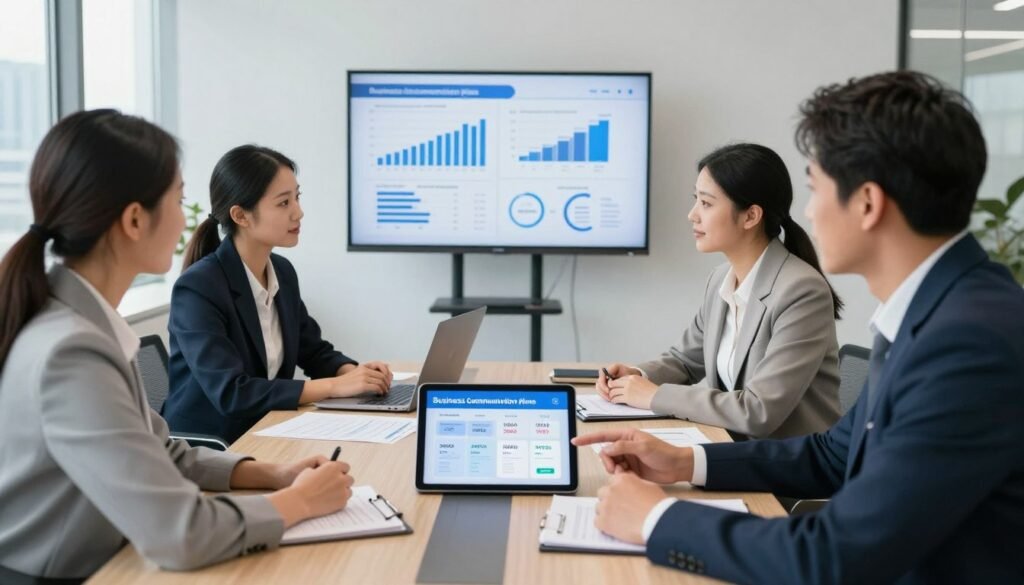 A sleek, modern office setting that conveys professionalism and efficiency. In the foreground, a diverse group of four business professionals dressed in smart casual attire, engaging in a discussion around a digital tablet displaying various pricing plans for business telecommunications. The middle ground features a stylish conference table littered with documents and a laptop, while an elegant wall screen shows graphs and statistics related to communication costs and benefits. The background includes large windows with a city skyline, allowing natural light to flood the room, creating a bright and optimistic atmosphere. The scene is captured from a slightly elevated angle to emphasize collaboration, with a soft focus on the pricing details on the tablet, illustrating the concept of business communication plans. A sleek, modern office setting that conveys professionalism and efficiency. In the foreground, a diverse group of four business professionals dressed in smart casual attire, engaging in a discussion around a digital tablet displaying various pricing plans for business telecommunications. The middle ground features a stylish conference table littered with documents and a laptop, while an elegant wall screen shows graphs and statistics related to communication costs and benefits. The background includes large windows with a city skyline, allowing natural light to flood the room, creating a bright and optimistic atmosphere. The scene is captured from a slightly elevated angle to emphasize collaboration, with a soft focus on the pricing details on the tablet, illustrating the concept of business communication plans.