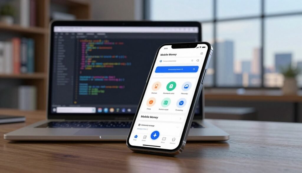 A sleek, modern smartphone displaying a mobile money application on its screen, placed prominently in the foreground. The app interface showcases a user-friendly design with financial indicators and icons for transactions. In the middle ground, a laptop with code snippets and API documentation is open, basking in soft, ambient lighting to highlight the tech-savvy atmosphere. The background features a blurred office environment, with shelves lined with programming books and a cityscape view through a large window, signifying innovation and connection. The overall mood is professional and efficient, emphasizing the seamless integration of technology in financial transactions. The image is shot from a slight overhead angle to create depth. A sleek, modern smartphone displaying a mobile money application on its screen, placed prominently in the foreground. The app interface showcases a user-friendly design with financial indicators and icons for transactions. In the middle ground, a laptop with code snippets and API documentation is open, basking in soft, ambient lighting to highlight the tech-savvy atmosphere. The background features a blurred office environment, with shelves lined with programming books and a cityscape view through a large window, signifying innovation and connection. The overall mood is professional and efficient, emphasizing the seamless integration of technology in financial transactions. The image is shot from a slight overhead angle to create depth.