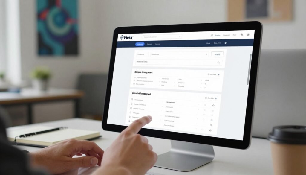 A sleek, modern web management dashboard displayed on a high-resolution computer screen in an office environment. The foreground features a close-up of a hand interacting with a touchscreen, showcasing user-friendly web management features such as site analytics, domain management, and security settings. In the middle, a bright and organized workspace includes a notebook and a coffee cup, reflecting a productive atmosphere. The background shows a softly lit room with abstract tech-themed artwork on the walls. The scene is infused with a sense of ease and innovation, evoking a mood of efficiency and simplicity in digital site management. Soft, natural lighting enhances the professional setting, inviting viewers into the world of website management with Plesk. A sleek, modern web management dashboard displayed on a high-resolution computer screen in an office environment. The foreground features a close-up of a hand interacting with a touchscreen, showcasing user-friendly web management features such as site analytics, domain management, and security settings. In the middle, a bright and organized workspace includes a notebook and a coffee cup, reflecting a productive atmosphere. The background shows a softly lit room with abstract tech-themed artwork on the walls. The scene is infused with a sense of ease and innovation, evoking a mood of efficiency and simplicity in digital site management. Soft, natural lighting enhances the professional setting, inviting viewers into the world of website management with Plesk.
