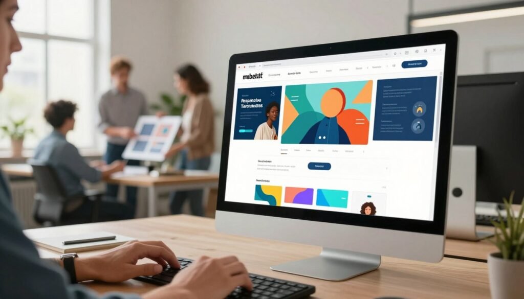 A sleek, modern website builder interface displayed on a computer screen in a bright, airy workspace. In the foreground, a close-up of hands typing on a keyboard, with vibrant designs of templates and features visible on the screen. In the middle ground, a diverse team of professionals in smart casual attire collaborating, discussing ideas over design mockups. The background showcases a minimalist office with large windows and natural light streaming in, plants adding a touch of greenery. The atmosphere is productive and innovative, evoking a sense of creativity and ease of use, emphasizing key functionalities like drag-and-drop design, responsive templates, and mobile optimization. Soft, warm lighting enhances the inviting mood, with a focus on teamwork and creativity. A sleek, modern website builder interface displayed on a computer screen in a bright, airy workspace. In the foreground, a close-up of hands typing on a keyboard, with vibrant designs of templates and features visible on the screen. In the middle ground, a diverse team of professionals in smart casual attire collaborating, discussing ideas over design mockups. The background showcases a minimalist office with large windows and natural light streaming in, plants adding a touch of greenery. The atmosphere is productive and innovative, evoking a sense of creativity and ease of use, emphasizing key functionalities like drag-and-drop design, responsive templates, and mobile optimization. Soft, warm lighting enhances the inviting mood, with a focus on teamwork and creativity.