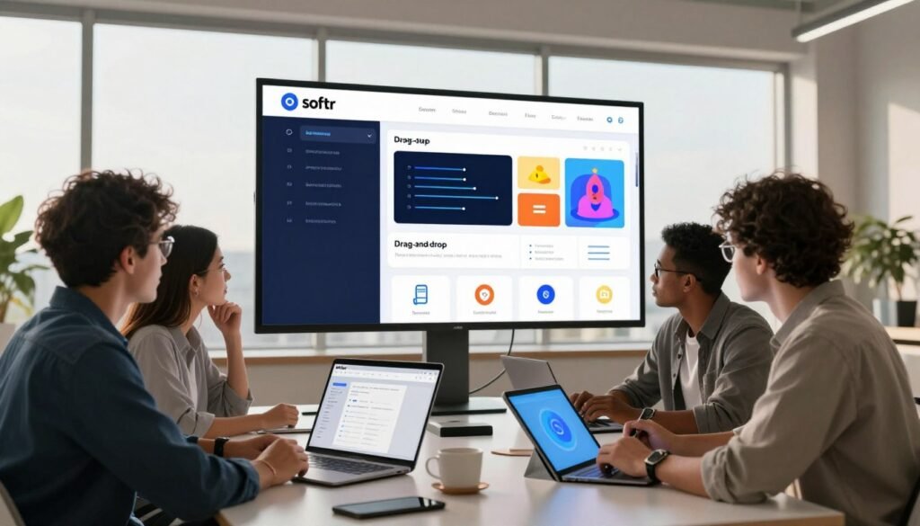 A sleek, modern workspace featuring a digital interface showcasing the key features of a no-code platform. In the foreground, a diverse group of professionals in business casual attire are collaborating around a table with laptops and digital tablets. They're discussing the vibrant user interface of the Softr platform, which highlights elements like drag-and-drop functionality, customizable templates, and seamless integration icons. The middle of the scene displays a large screen with colorful graphs and intuitive design elements representing website creation without code. In the background, large windows let in warm natural light, creating an inviting atmosphere. The mood is dynamic and collaborative, emphasizing simplicity and empowerment in digital project development, shot with a slight fisheye lens to enhance depth. A sleek, modern workspace featuring a digital interface showcasing the key features of a no-code platform. In the foreground, a diverse group of professionals in business casual attire are collaborating around a table with laptops and digital tablets. They're discussing the vibrant user interface of the Softr platform, which highlights elements like drag-and-drop functionality, customizable templates, and seamless integration icons. The middle of the scene displays a large screen with colorful graphs and intuitive design elements representing website creation without code. In the background, large windows let in warm natural light, creating an inviting atmosphere. The mood is dynamic and collaborative, emphasizing simplicity and empowerment in digital project development, shot with a slight fisheye lens to enhance depth.